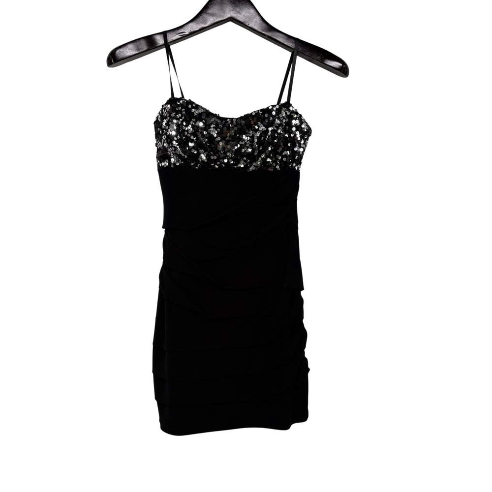 Y2K Deb‎ Womens Black Sequin Ruched Bodycon Mini Dress S Going Out Hoco Glam